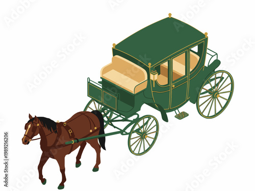 Green Vintage Stagecoach Pulled by Brown Horse Isometric View