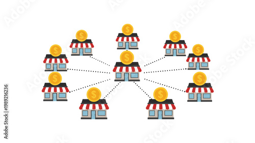 Network of franchise storefront icons connected to a central shop with gold dollar coins representing retail business expansion.