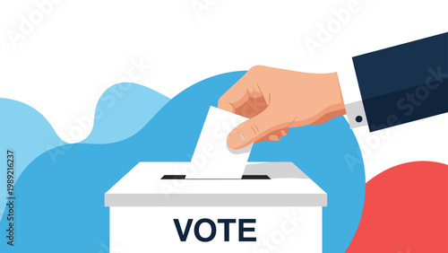 Person placing a white ballot paper into a vote box with a blue and red background to promote participation in democratic elections.