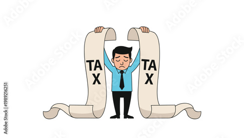 Sad businessman holding an extremely long tax bill representing a heavy financial burden, debt, and government obligations.