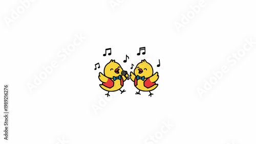 Two yellow chicks singing with microphone cartoon illustration