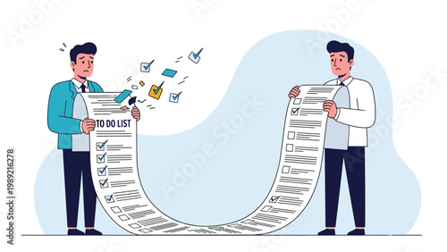 Two overwhelmed business professionals holding an incredibly long to-do list with many tasks to complete and checkboxes.