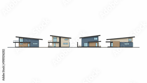 Modern house elevation designs with shed roofs on white background
