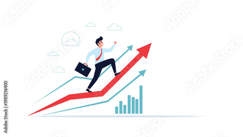 Ambitious businessman running up a rising red arrow on a financial chart, representing rapid growth and reaching corporate success goals.