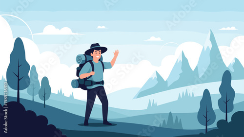 Happy hiker with a large backpack waving his hand while standing in a beautiful blue mountain landscape during a trek.