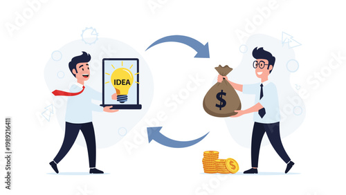 Two businessmen exchanging a digital idea represented by a lightbulb on a tablet for a bag of money, symbolizing intellectual property trade.