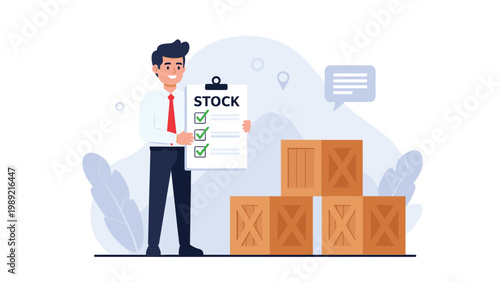 Professional man in a tie holding a stock inventory checklist next to stacked wooden crates in a warehouse or distribution center setting.