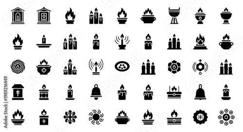 Candle prayer icon set with church chapel, flame, cross, incense smoke, altar, and religious symbols for devotion design