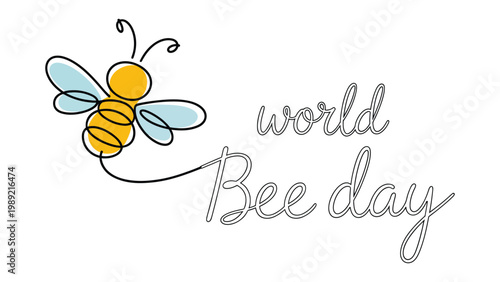 World Bee Day illustration with flying bee outline and elegant handwritten typography text on white background for environmental awareness design