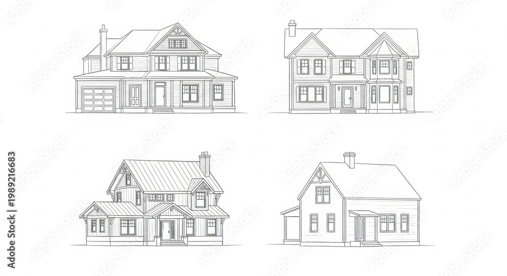 Obraz premium Architectural sketches of victorian houses a detailed line drawing collection
