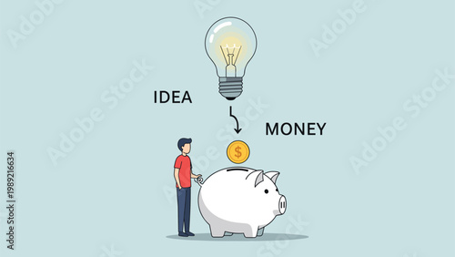 Concept of turning ideas into profit with a man putting a coin from a lightbulb into a large white piggy bank on a blue background.