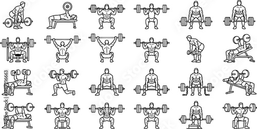 Strong men performing heavy weightlifting exercises, including deadlift, bench press, and squat. 