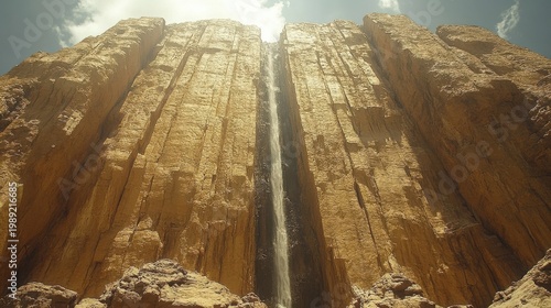 Dramatic Waterfall Cascading Down Rugged Textured Rock Face Under Bright Sunlight