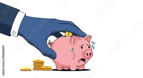 Businessman hand placing a gold coin into a pink piggy bank that looks stressed and sweaty symbolizing financial pressure or savings.