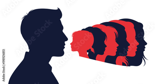 Profile silhouette of a man looking at a diminishing line of female silhouettes in red and black colors for demographic concepts.