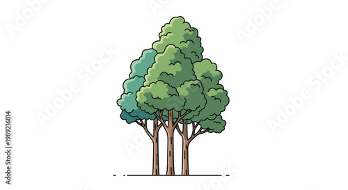 Illustration of a group of green deciduous trees growing closely together representing a small forest or park environment area.