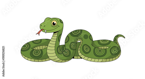 Friendly green cartoon snake with yellow circular patterns on its skin and a red tongue sticking out sitting on a white background.