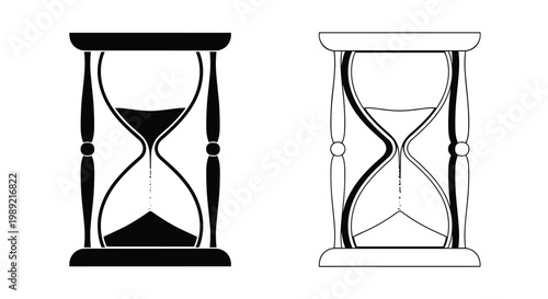 Black and white versions of an hourglass timer showing sand flowing through the glass to represent the passage of time or deadlines.