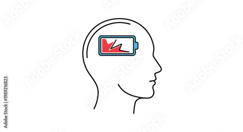 Outline profile of a human head with a red low battery symbol inside the brain area representing mental fatigue or exhaustion concept.