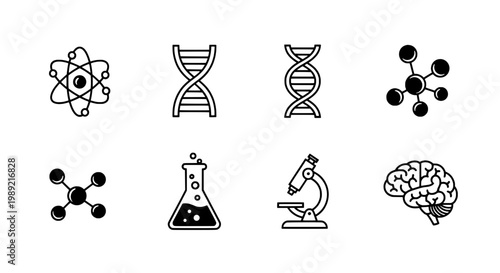 Science icons set with black and white designs including atoms, DNA, molecules, and brain featuring atom, scientific, research with biology and