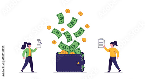 Two women holding clipboards standing next to a large wallet while golden coins and green banknotes fall from the sky above them.