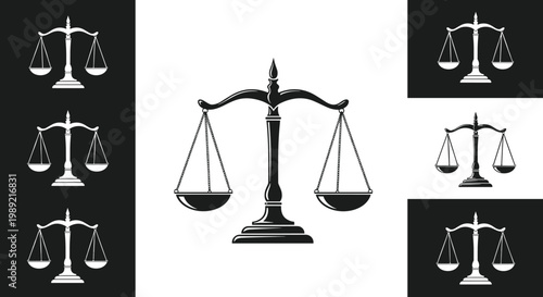 Set of law and justice scales shown in various orientations and background colors for legal judicial and fairness related concepts.