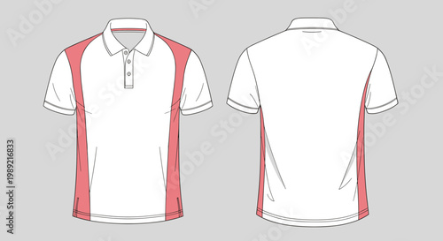 Front and back view of a white polo shirt template with red side panels for custom sports apparel or uniform design presentations.