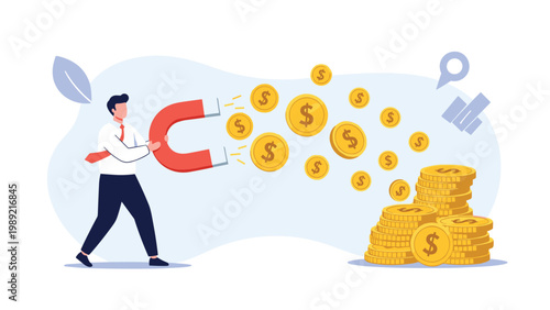 Businessman using a large red horseshoe magnet to attract golden dollar coins into a pile symbolizes wealth generation and profit attraction.