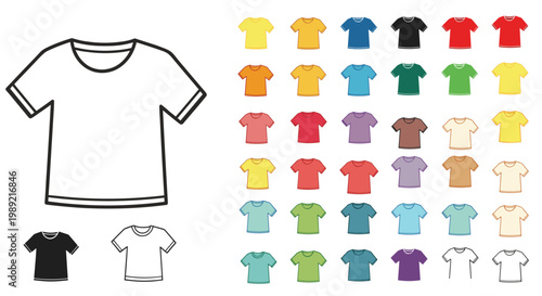 Vector illustration of various colorful t-shirt templates arranged in a grid with different shades for fashion design mockups.