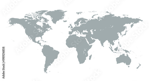 Flat silhouette map of the world in a solid gray color showing all major landmasses for global business or geographical presentations.