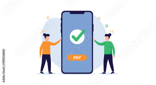Two flat characters standing next to a giant smartphone with a green checkmark and an orange pay button for mobile payment concepts.