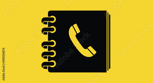 Minimalist black telephone address book icon featuring a handset symbol on a bright yellow background for contact information design.