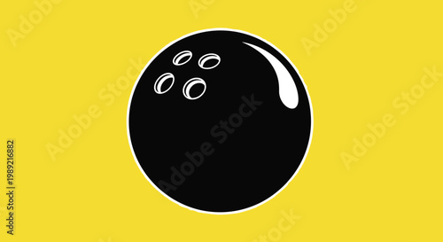 Solid black bowling ball with three finger holes and a white highlight centered on a bright yellow background for sports illustrations.