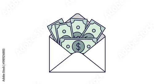 White envelope filled with several green dollar bills representing a cash payment bonus bribe or financial gift in a simple style.