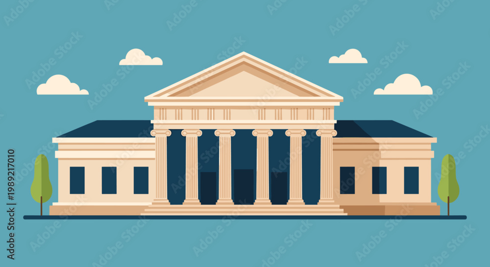 Obraz premium Flat illustration of classical government building with columns and wide steps against blue sky and clouds depicts bank or court.