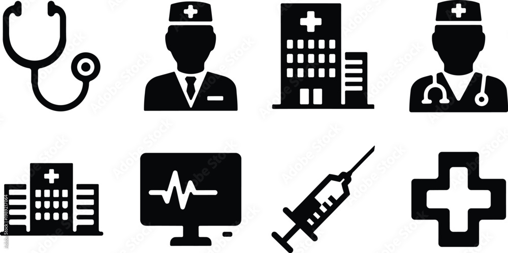 Fototapeta premium Healthcare icons set medical tools professionals and facilities in black silhouette style