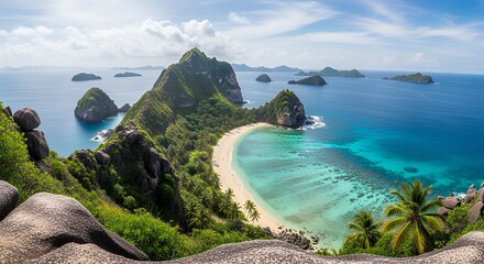 Deken met foto Palmboom Tropisch strand panorama met smaragdgroene kliffen  © Pungkas