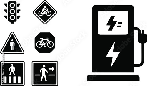 Black and white road sign icons traffic pedestrians bicycles and electric vehicle charging