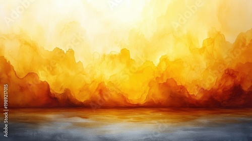 Watercolor Landscape With Fiery Orange Clouds Reflecting On Water