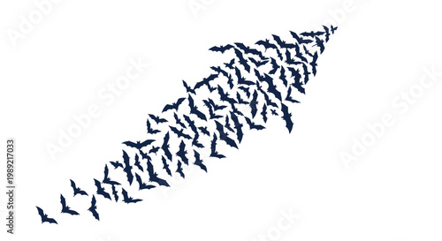 Large swarm of dark blue bats flying together to form arrow shape pointing right against white background symbolizes movement.