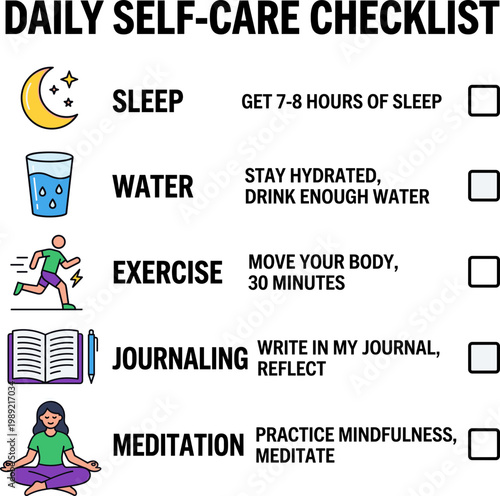 Person meditates peacefully in green outfit on purple mat with checklist