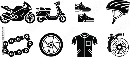 Black silhouette icons representing motorcycle equipment and protective gear for riders