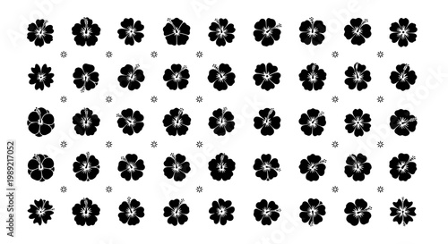 Flower icon pattern with clover-like blossoms, small star specks, and crisp monochrome vector style for fabric and wedding design