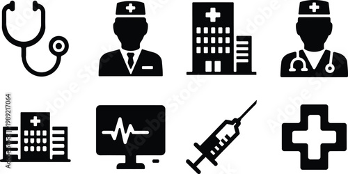 Healthcare icons set medical tools professionals and facilities in black silhouette style