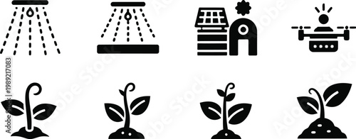 Black silhouette icons depicting plant growth stages from seed to blooming flower