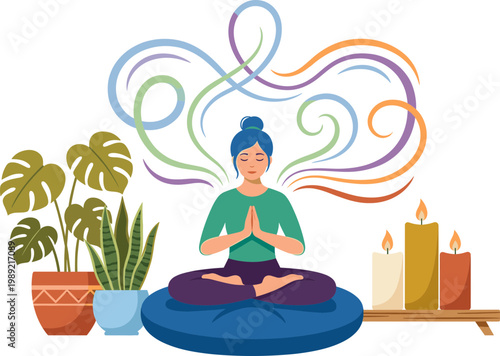 Woman meditates peacefully with candles and plants in a serene indoor setting