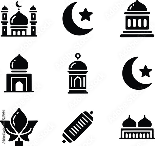 Islamic icons set mosques crescent moons lanterns and traditional architectural elements