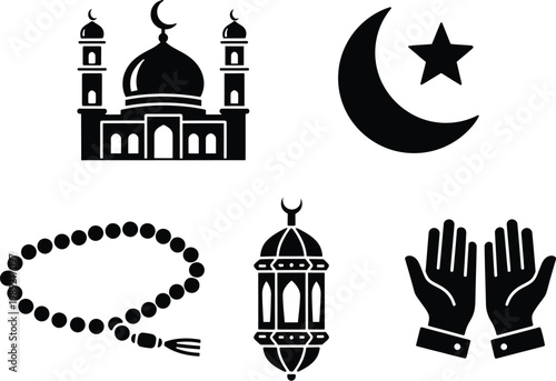 Islamic symbols collection mosque crescent moon prayer beads lantern and hands