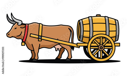 Bull pulling wooden barrel on cart isolated illustration
