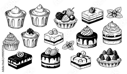 Mini cakes and petit fours thin line icons vector set with mousse tarts chocolate glaze and cream dessert symbols